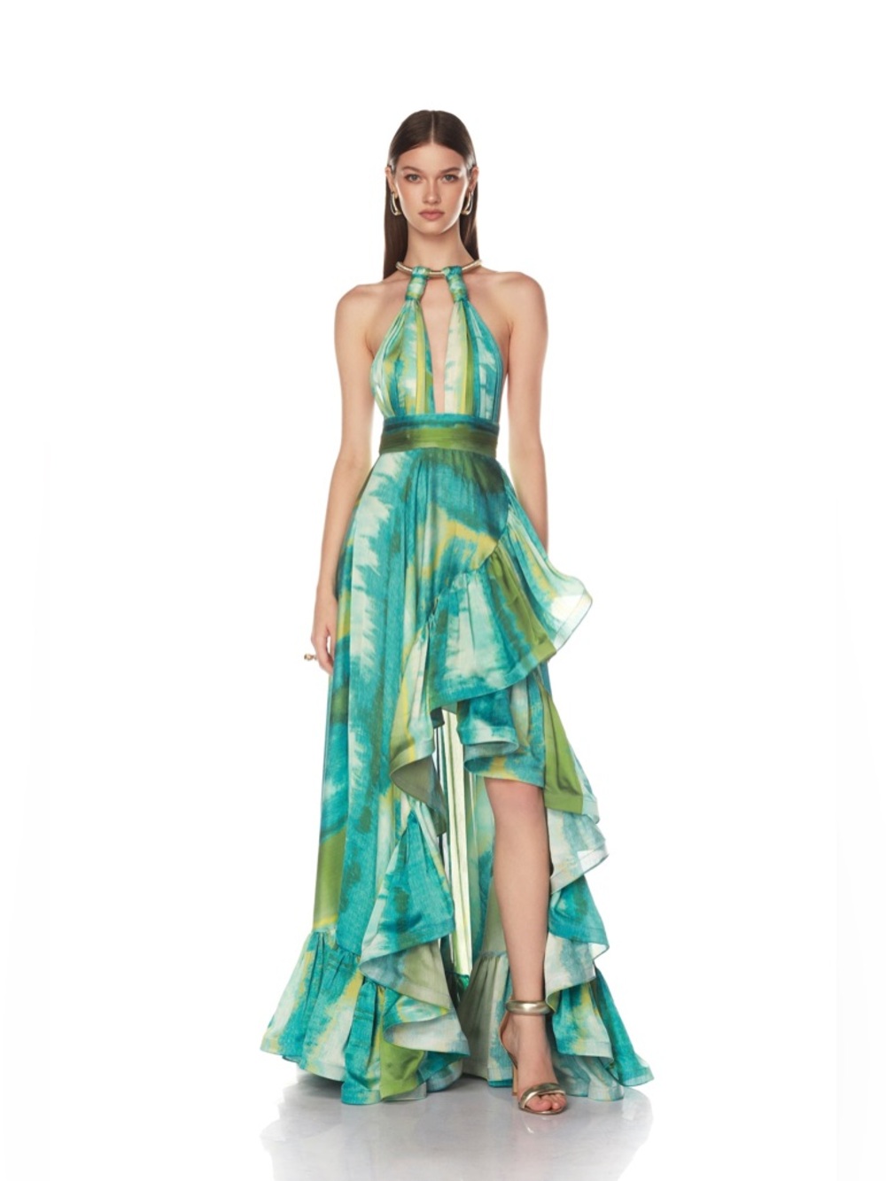 Bronx and Banco Palma Coastal Gown Teal & Lime Halter High-Low Ruffle Maxi Dress - Picture 6 of 17